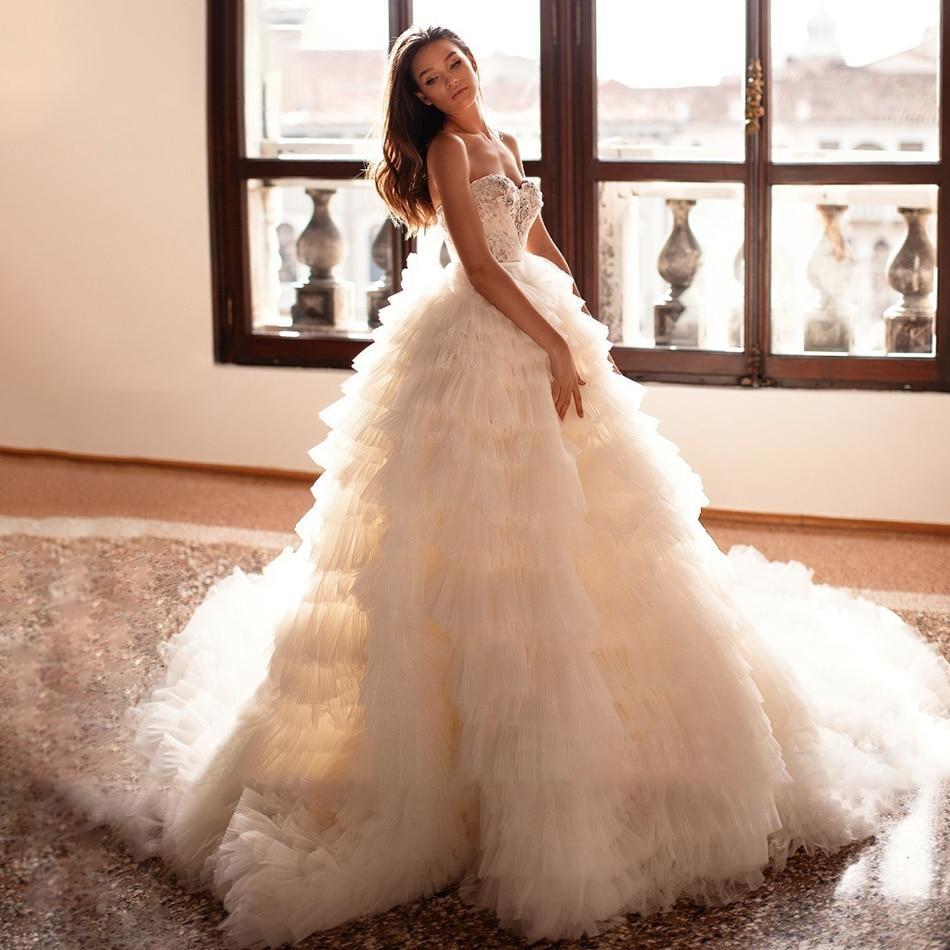 Princess Tiered Tulle Lace Wedding Dress With Detachable