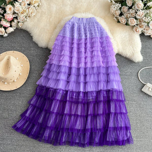 Women Chic Ruffle Tiered Gauze Full Skirt High Waist Elegant Korean Fashion Fairycore A-line Sweet Casual Summer Clothing - Activyle