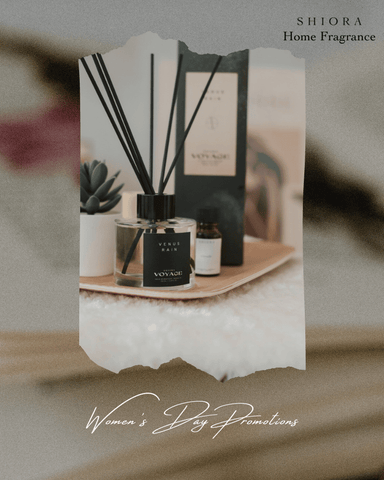 Shiora's reed diffuser voyage collection venus rain with the text "Women's Day Promotions" at the bottom