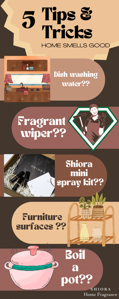 5 tips & tricks to quickly make your home smell fabulous - shiora blog infographic