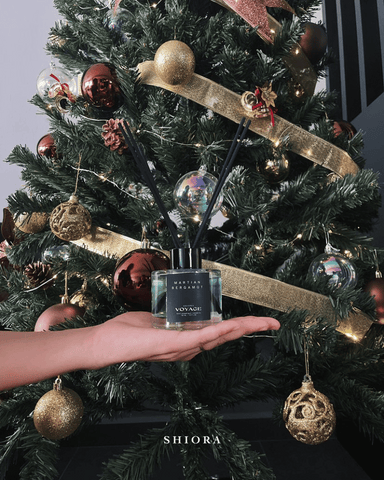 a person holding a shiora's voyage collection reed diffusers in front of a beautiful christmas tree