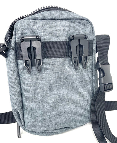 Rear of grey walkies dog walking bag showing belt clips.