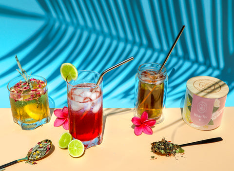 Iced Teas on a beige and blue background 