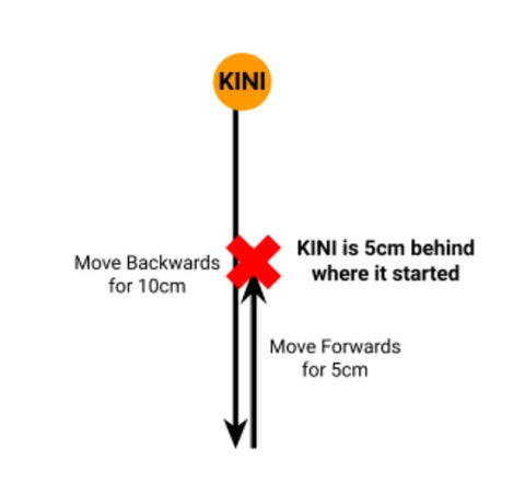 Drawing of Kini moving backwards 10 cm then forwards 5 cm.