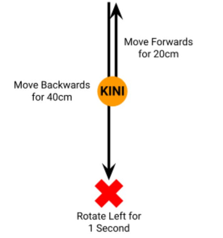 Drawing of Kini's movements; first moving forwards for 20cm, then moving backwards for 40cm, and finally rotating left for one second. It is shown that Kini ends up 20cm behind where it started.