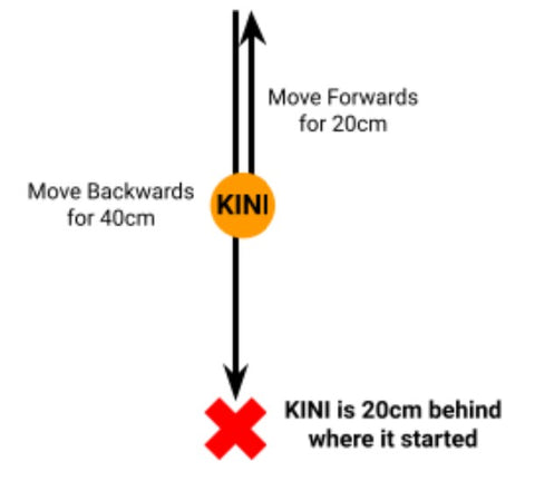 Drawing of Kini's movements; first moving forwards for 20cm, then moving backwards for 40cm. It is shown that Kini ends up 20cm behind where it started.