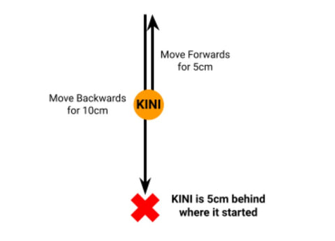 Drawing of Kini moving forwards 5 cm then backwards 10 cm.