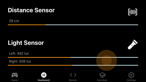 KINI's distance and light sensors in the Dashboard tab.