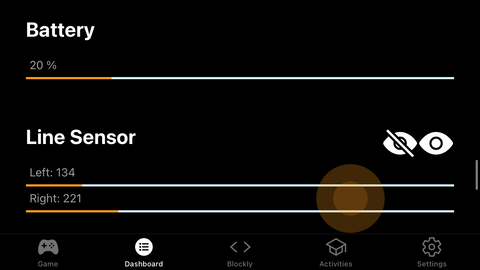 KINI's battery and line sensor in the Dashboard tab.