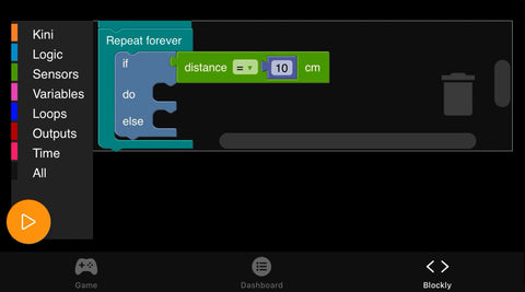 The image shows block coding of the condition "If Kini's distance = 10 cm"