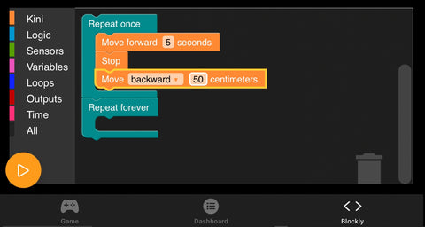 A sequence in Blockly that makes Kini move forward for 5 seconds, then stop, then move backwards 50 centimeters.