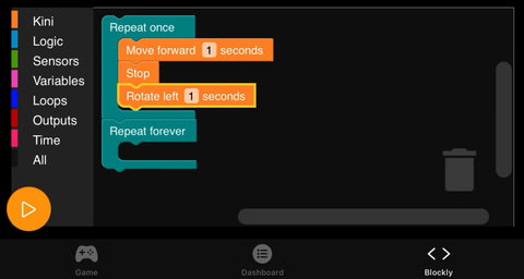 Sequential event blocks are shown in the repeat once block. They happen one at a time, and instruct Kini to first move forward for one second, the rotate left for one second, then lastly move backwards for one second.