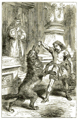 Der Gott Tyr füttert den Wolf Fenrir