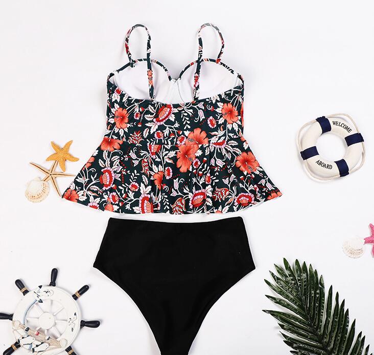 BLACK AND RED FLORAL TANKINI BIKINI – Peony Alley