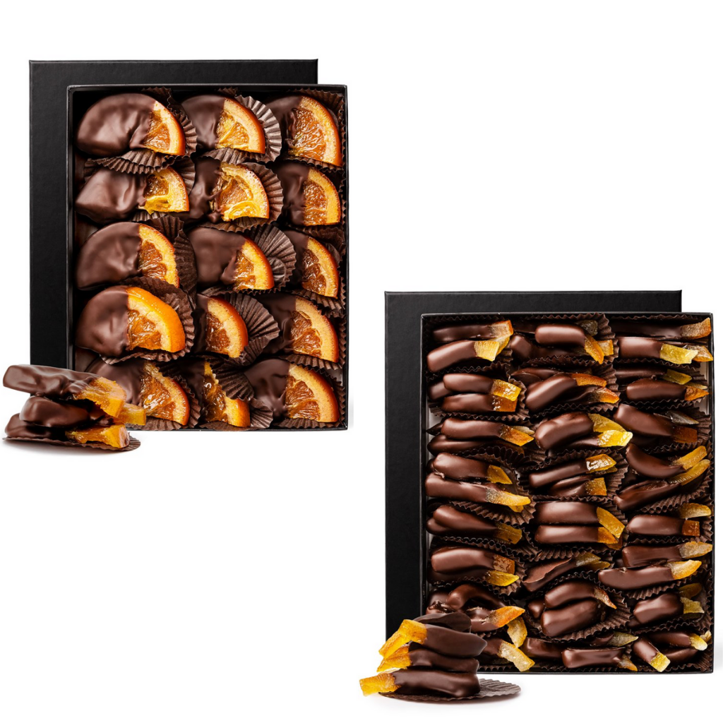 The picture displays two gift boxes, one with orange slices half dipped in chocolate and the other with orange peels half dipped in chocolate.