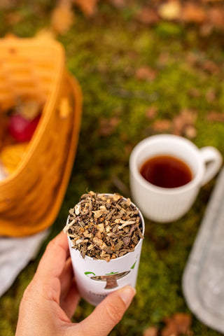 An open container of Tamim Teas Lion-Maitake Clarity in front of a mug and picnic basket on the grass