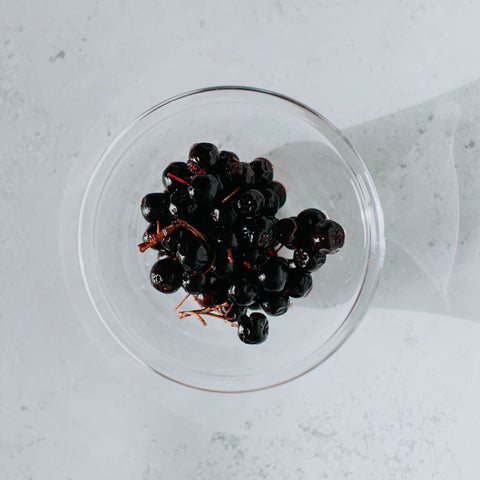 Aronia Berry Kombuch, Aronia Berries in a bowl, fresh fruit