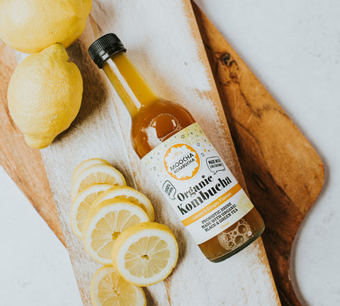 Lemon & Ginger Kombucha, probiotic drink made with live cultures, 100% natural, vegan and gluten free