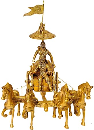 smilesellers Brass krishna arjun chariot in glass box