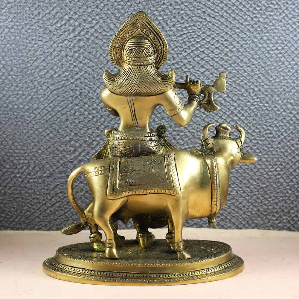 SmileSellers Krishna with Cow Figurine Hindu God Statue Brass Sculpture Krishna Idol Brass Idol of Lord Krishna and Calf