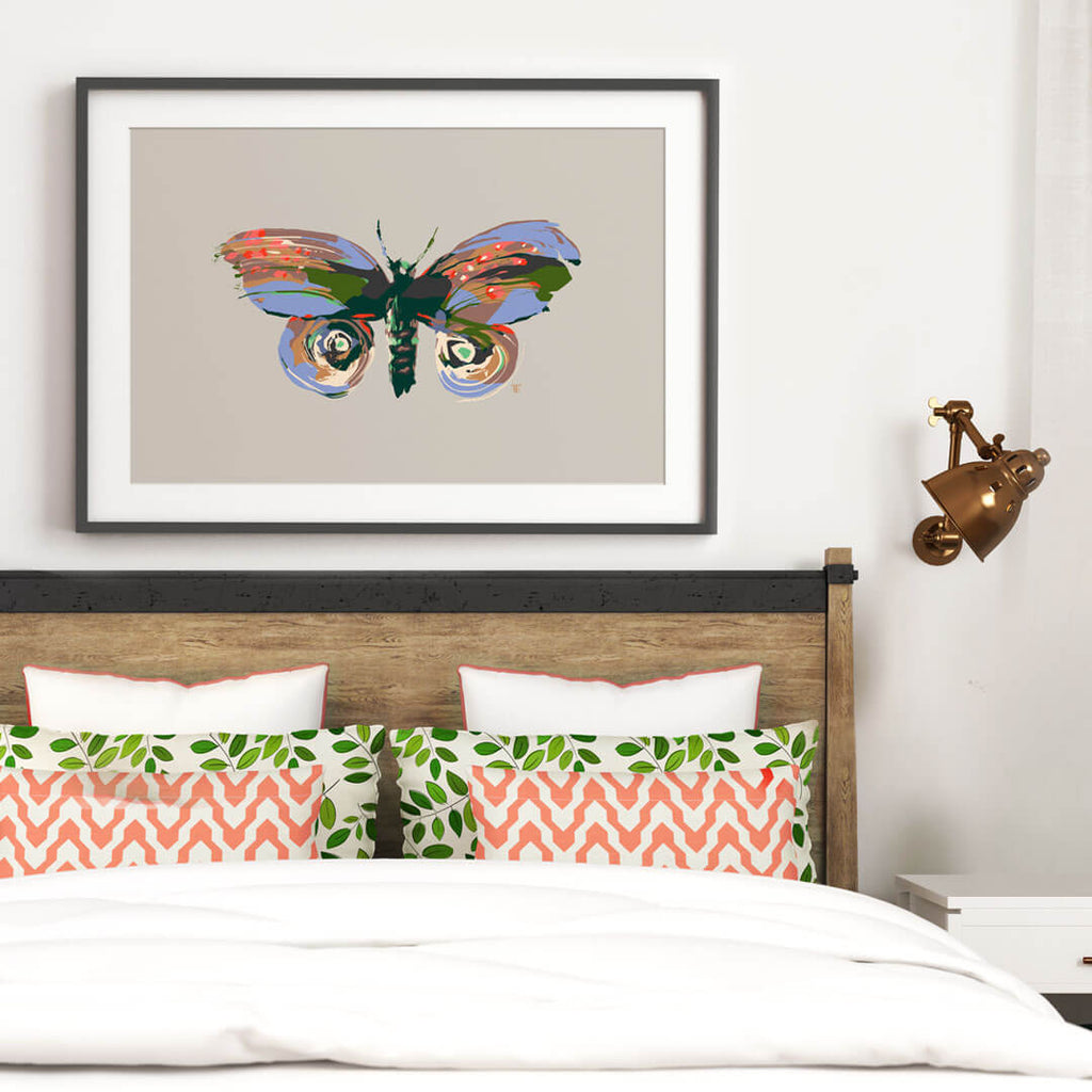cottagecore print of moth in woodland bedroom
