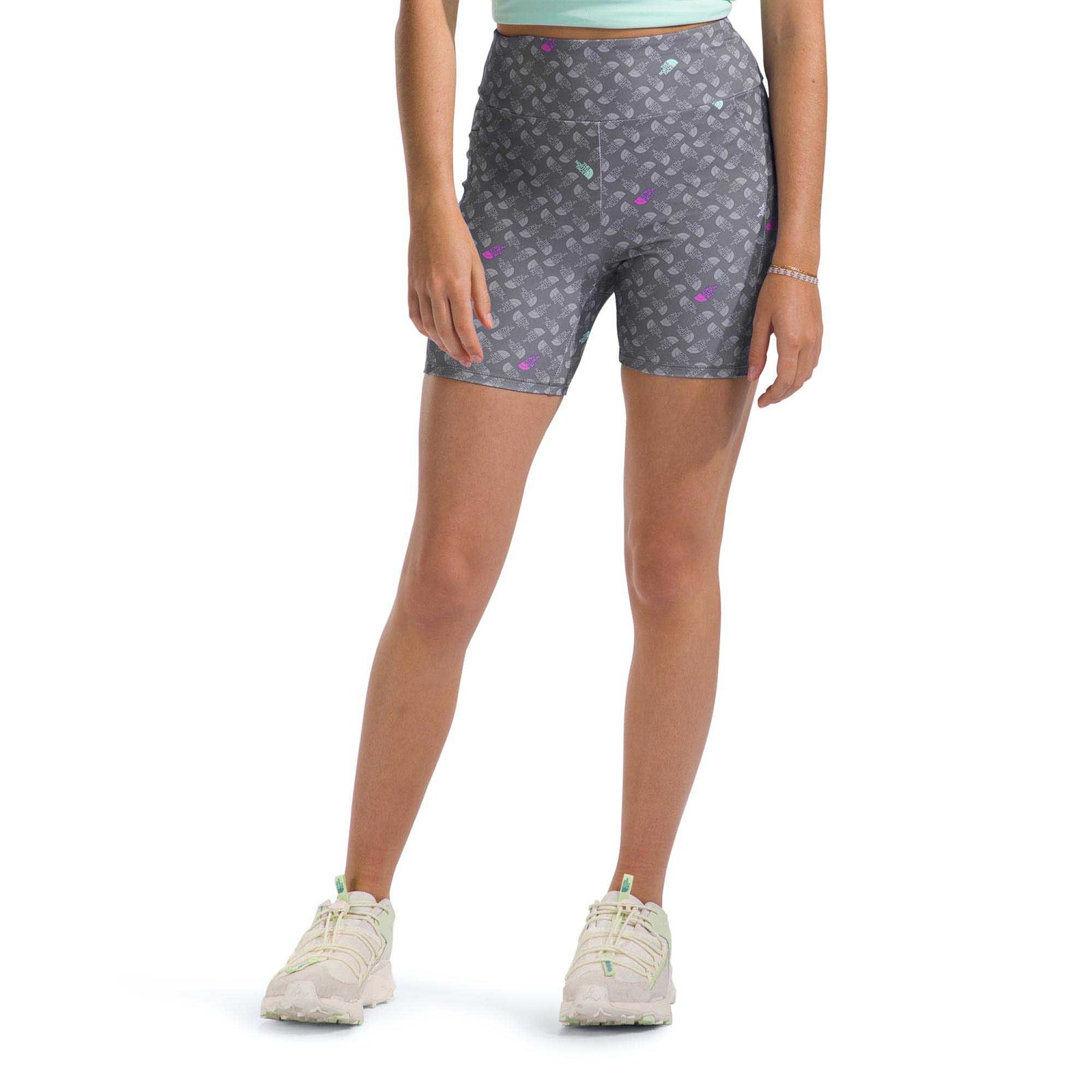 The North Face Girl's Never Stop Bike Shorts 2024 SMOKED PEARL TNF SHADOW TOSS PRINT