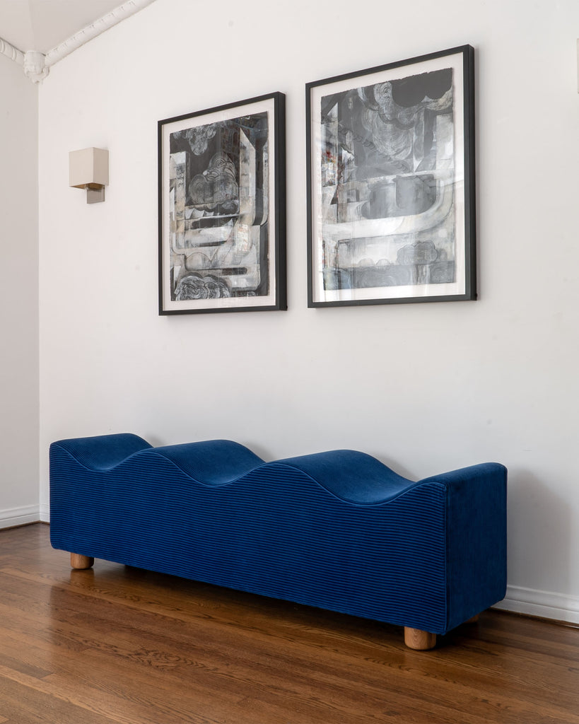 Objects for Objects Navy Blue Soft Wave Bench upholstered in Raf Simons Phlox Corduroy from Kvadrat Textiles