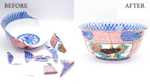 Left: Broken ceramic. Right: Restored with Kintsugi! Explore this Japanese repair method that celebrates imperfections. Shop Now! 