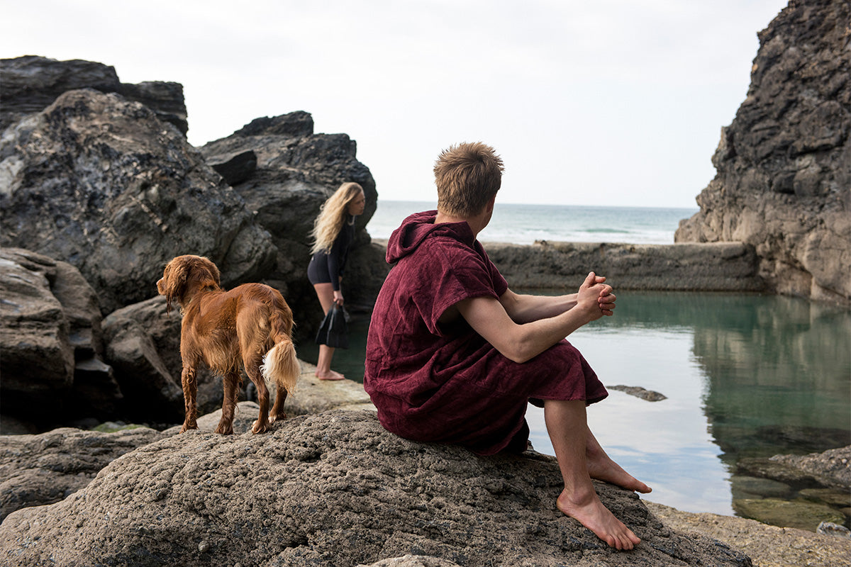 ginger spaniel with blonde couple at tidal pool in porthtowan