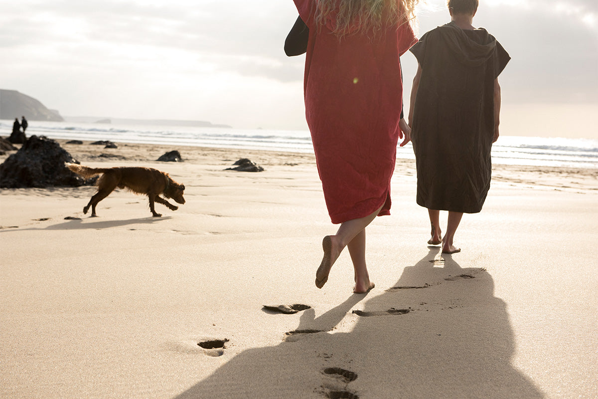 couple in towelling robes walk with dog at sunset