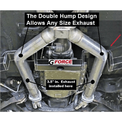 Installed lightweight crossmember shows double hump dual exhaust design