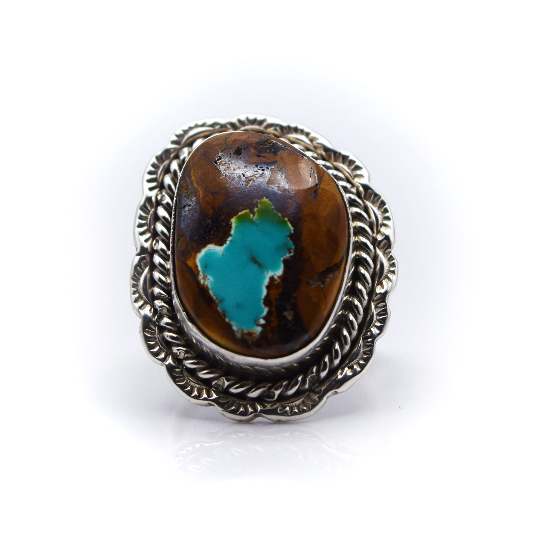 Navajo, 925 Silver Overlay and Boulder Turquoise Ring – Two Feathers ...