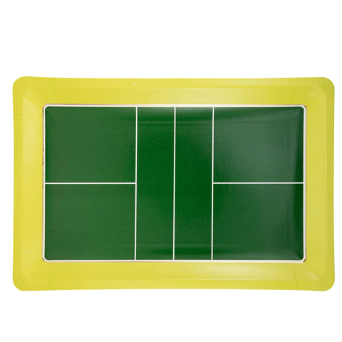 Pickleball court paper plates in green and yellow