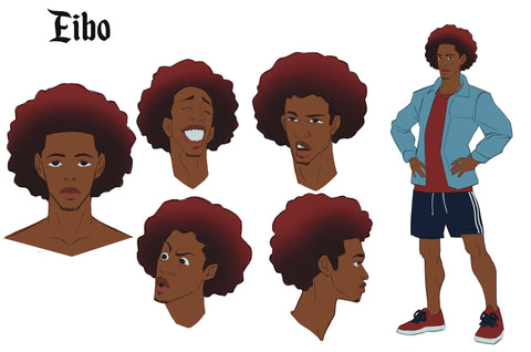 Eibo character design, red afro with shorts, hands in pockets, and five facial renders 