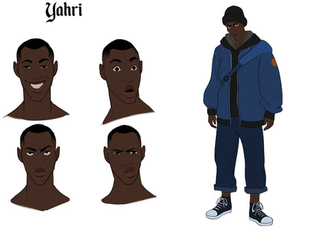 Yahri, 4 expressions and him standing with a jacket and a beanie