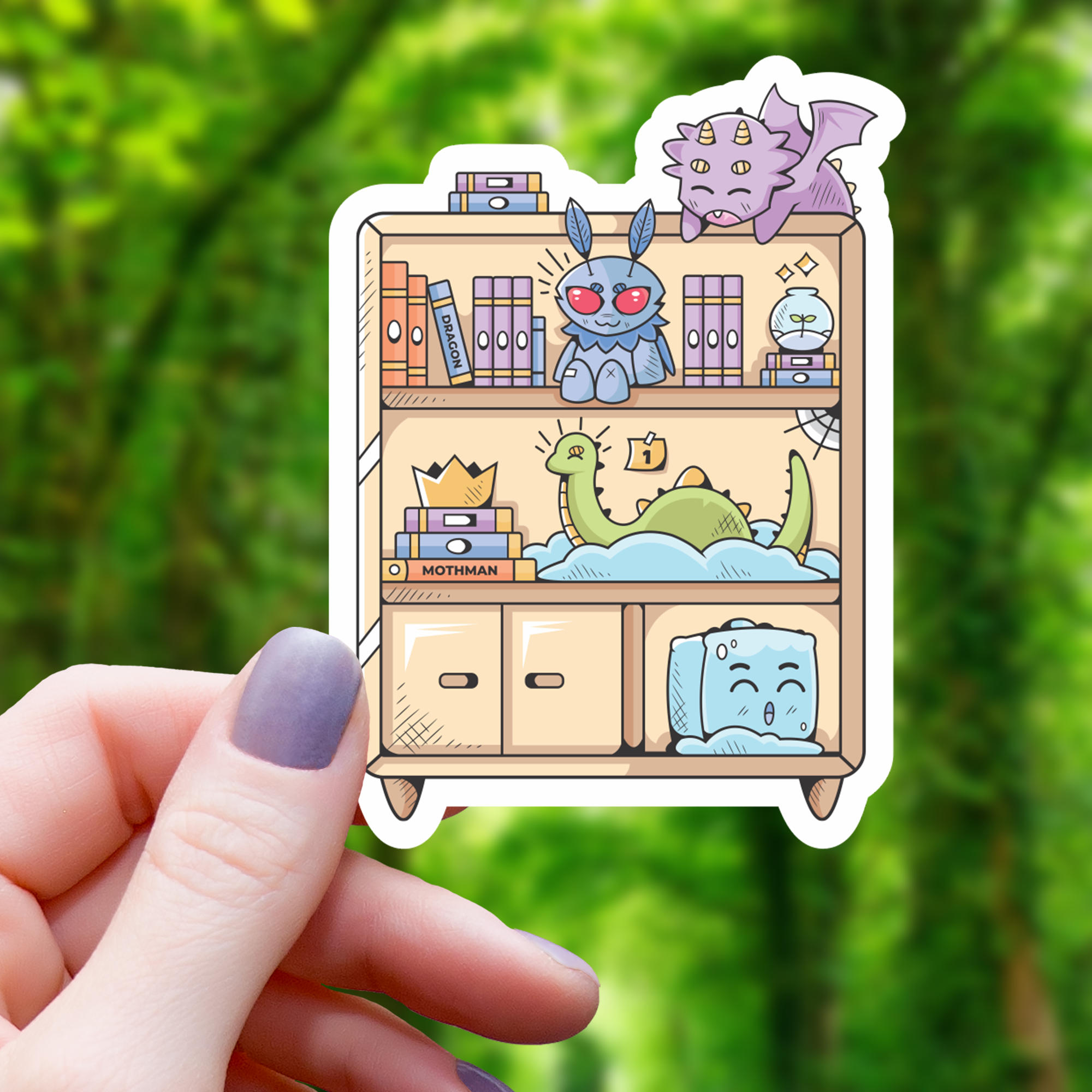 Cryptid And Monsters On Bookshelf Sticker