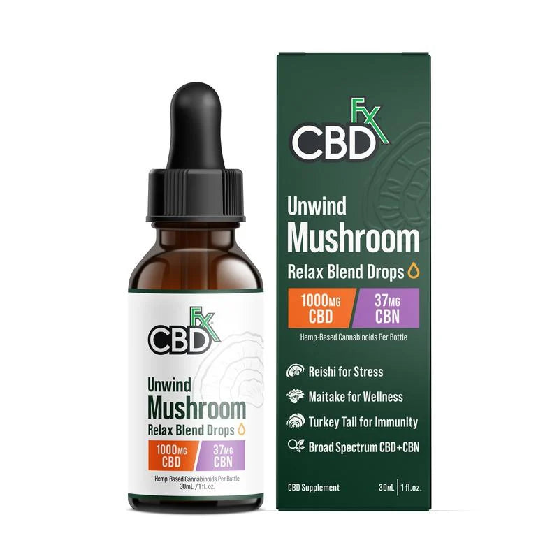 CBDFX UNWIND MUSHROOM RELAX BLEND DROPS 1000MG CBD 37MG CBN HEMP BASED CANNABIDINOIDS