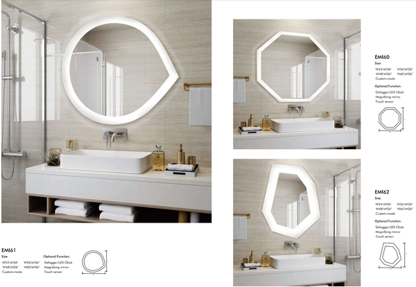 Irregular shaped backlit bathroom mirror with demister