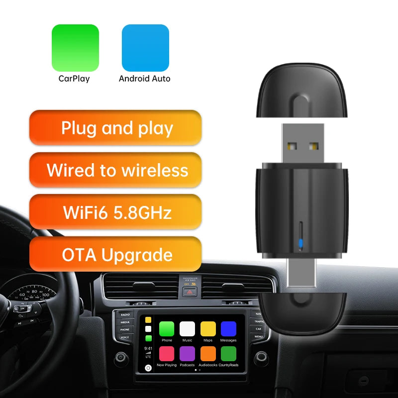 USB &Typ-c Wireless Carplay Adapter for Apple Carplay, Android Auto Wired To Wireless Conversion