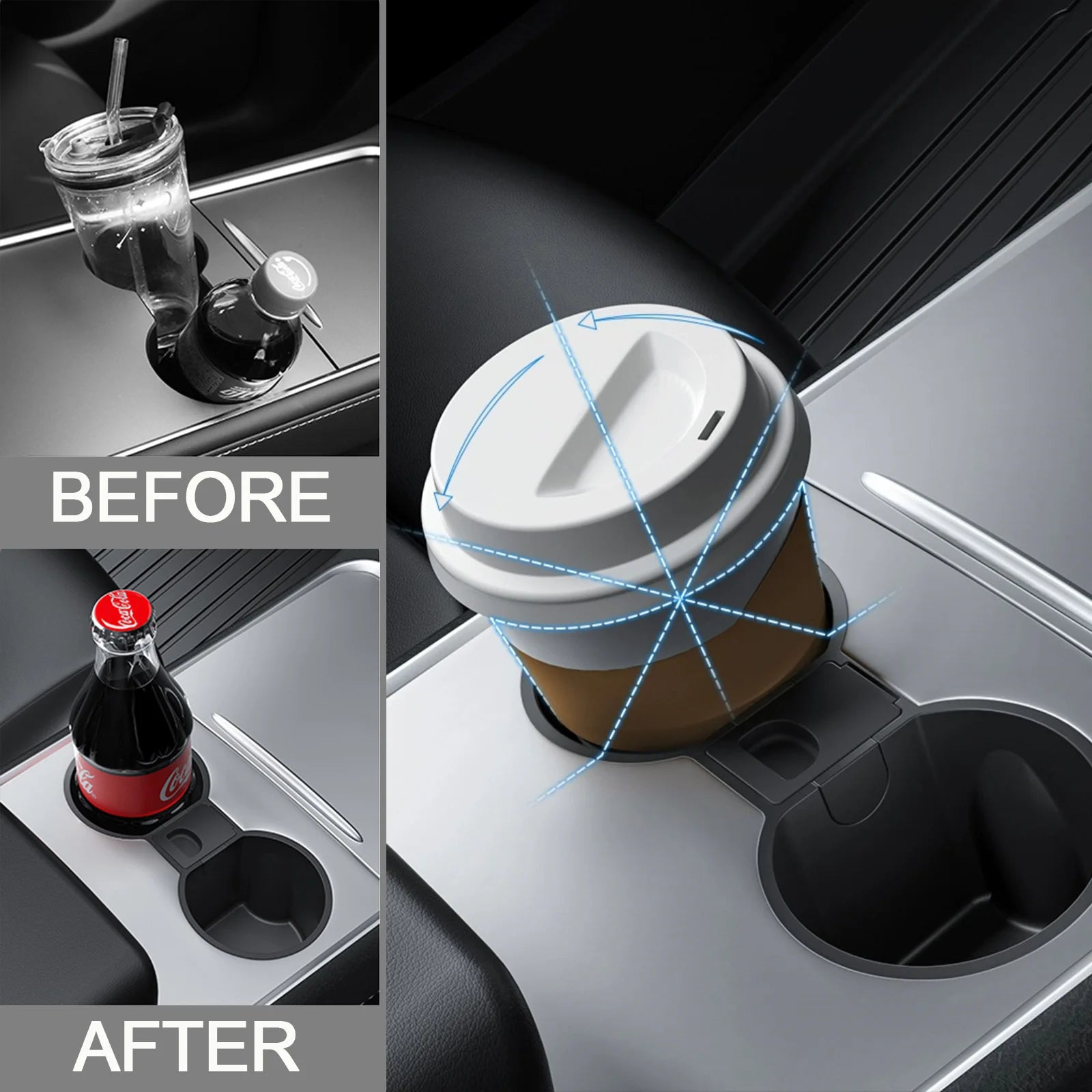 TPE Non-Slip Center Console Water Cup Drink Holder Insert W/ Divider Ashtray For 2021-2023 Tesla Model 3 / Y