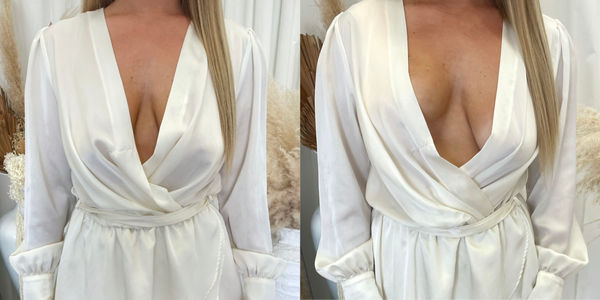 Before & After Image of Wearing Breast Lift Tape with plunging necklines - SKINES