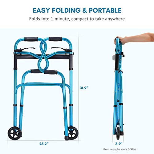 Health Line Massage Products 3-in-1 Stand-Assist Folding Walker with 5&quot; Wheels Supports up to 350lbs, Walking Mobility Aid with Glide Skis, Can be Used as Toilet Safety Rail, Compact &amp; Portable, Blue