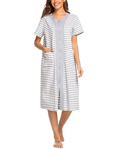 Aherbiu Women Zipper Pajamas Dress Homewear 3/4 Sleeve Nightgown Full  Length Lounge Dress with Pockets 