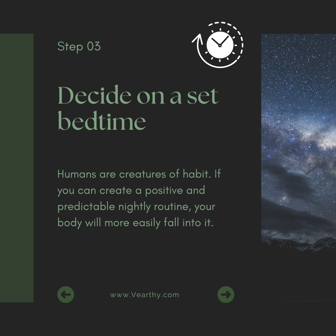 Sleep tip infographic. Tip 3 decide on a set bedtime each night