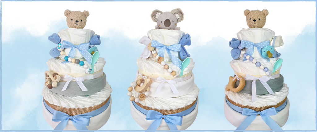 Drei Windeltorten für das Babyparty-Motto Himmelsgeschenk in Blau und Weiß