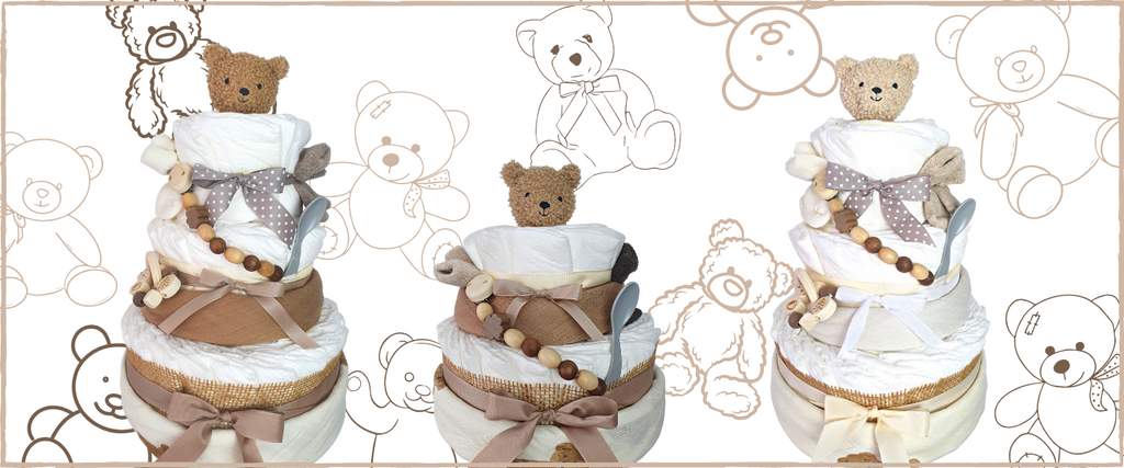 Drei Windeltorten für das Babyparty-Motto Teddybär in Braun und Beige mit Teddy