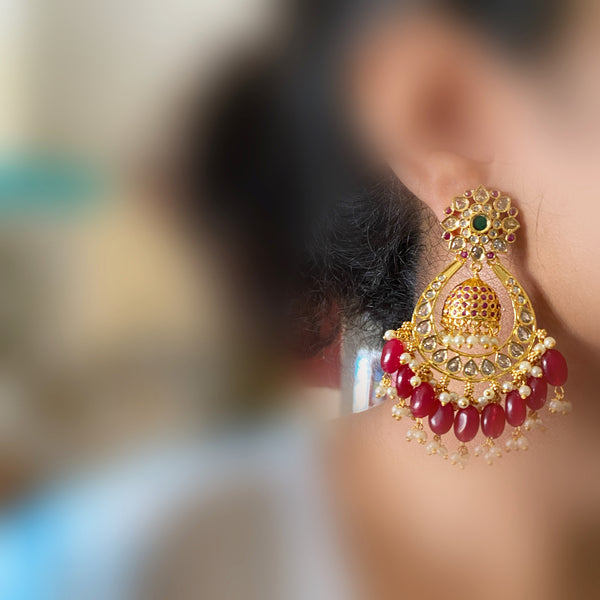 Gold Jumkha chaand long earrings - Maroon