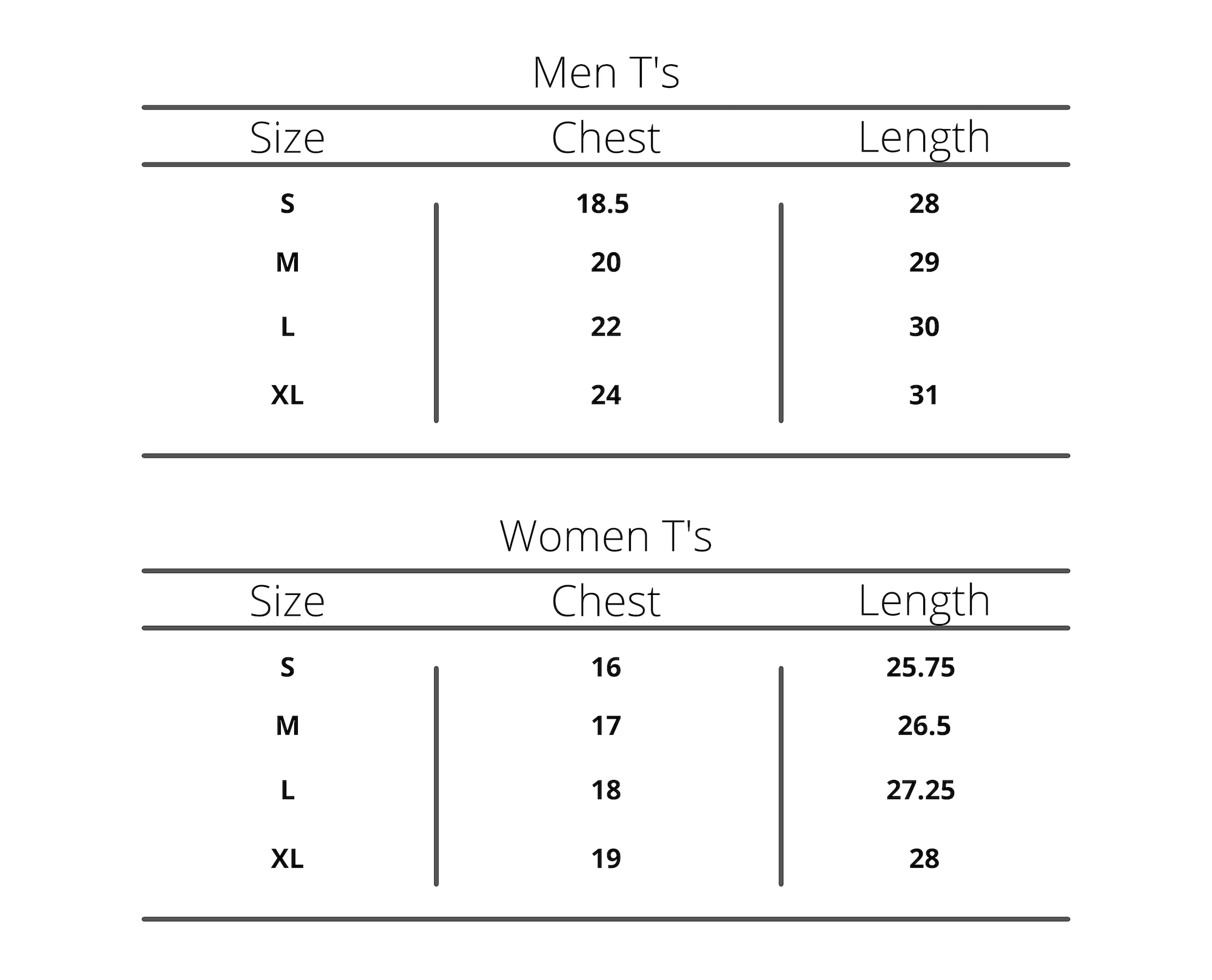 T-Shirts Size Chart