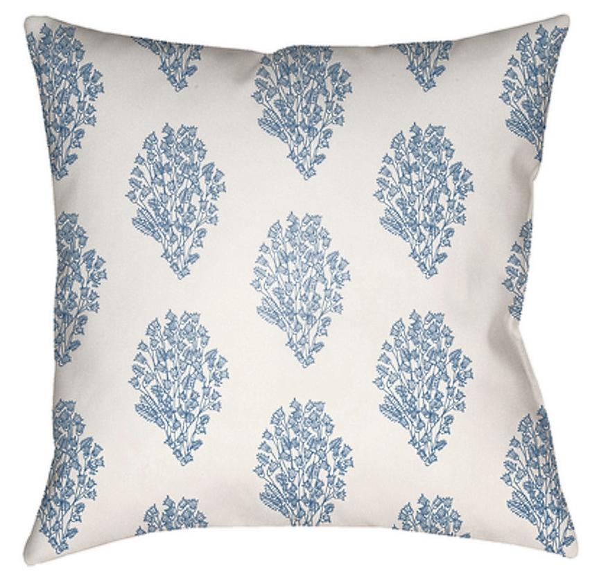Block Print Floral Light Blue Outdoor Throw Pillow Designer Accents
