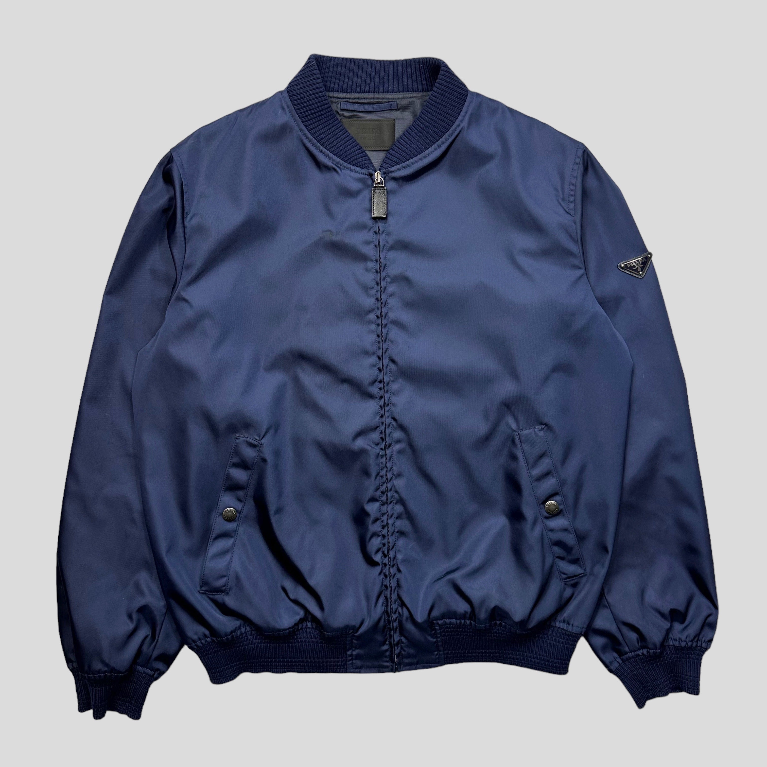 image of Prada Milano 2015 Metallic Blue Nylon Bomber Jacket - IT50